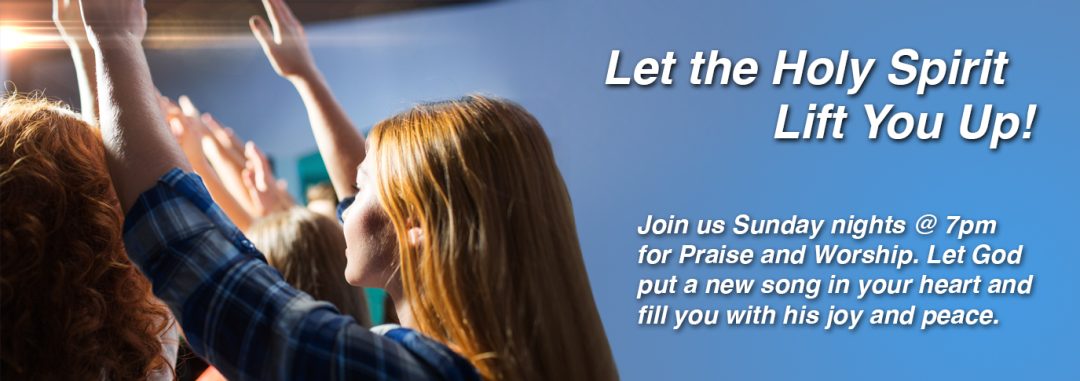 Join us Sunday nights at 7pm for Praise & Worship. Let God put a new song in your heart and fill you with his joy and peace! A group of young people attending a praise & worship meeting.